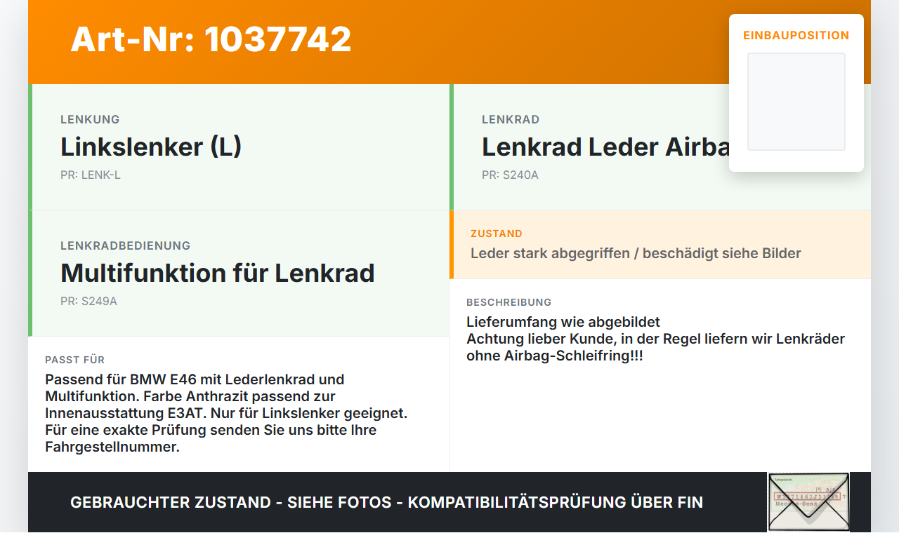BMW 3er E46 99-01 Lenkrad Airbaglenkrad BMW 3er E46 99-01 10.07.2000 32346753947 6753947 gebraucht Vorschau 3