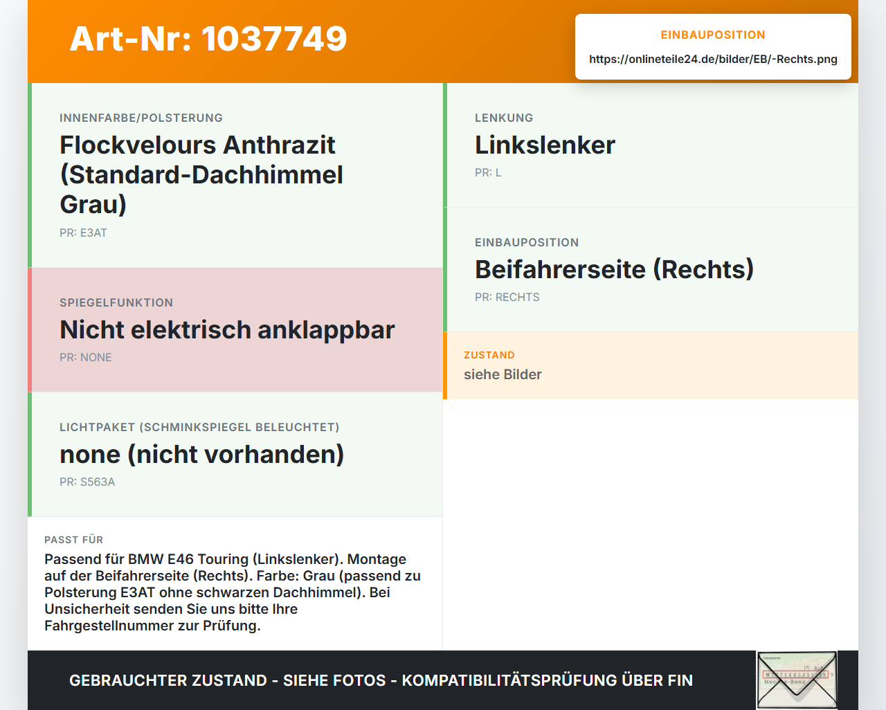 BMW 3er E46 99-01 Sonnenblende Rechts Beifahrer Grau mit Spiegel BMW 3er E46 99-01 10.07.2000 8267902 51168267902... Vorschau 3