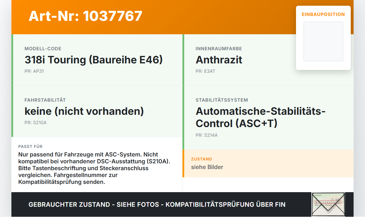 BMW 3er E46 99-01 Schalter ASC Taste Traktionskontrolle BMW 3er E46 99-01 10.07.2000 6901591 61316901591... Vorschau 3