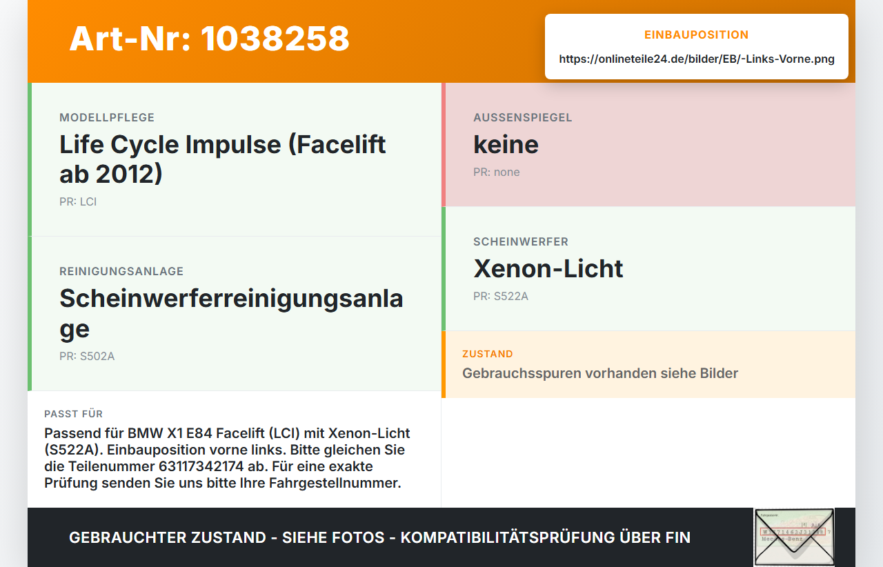 BMW X1 E84 LCI 12-15 Xenon Vorschaltgerät Links Vorne BMW X1 E84 LCI 12-15 29.10.2012 63117342174 7342174 L90028076... Vorschau 3