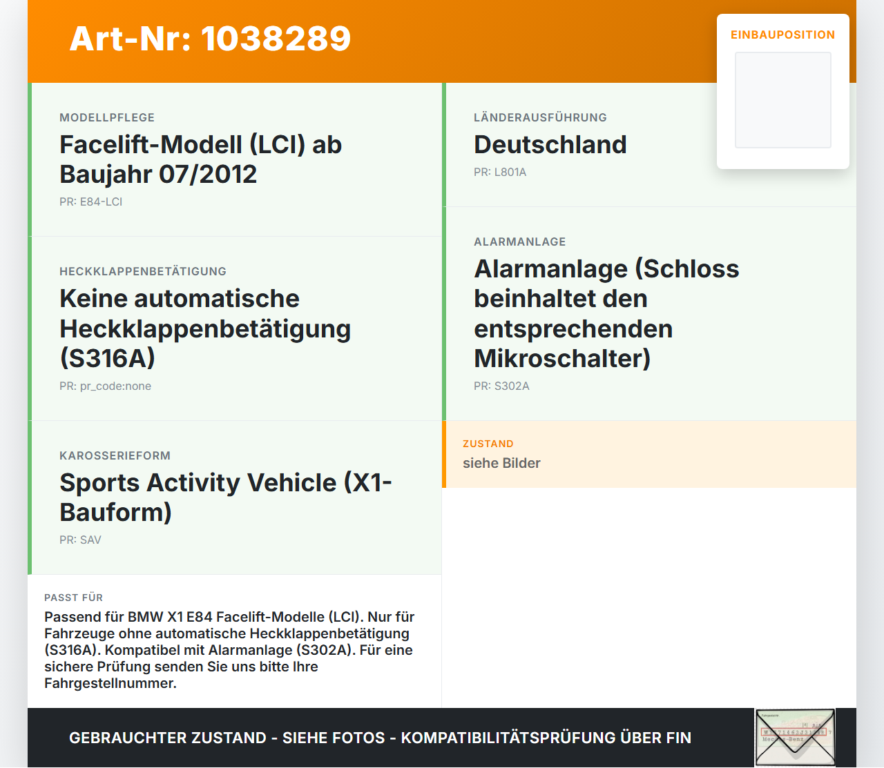 BMW X1 E84 LCI 12-15 Schloss f. Heckklappe Heckklappenschloss Verriegelung BMW X1 E84 LCI 12-15 29.10.2012... Vorschau 3
