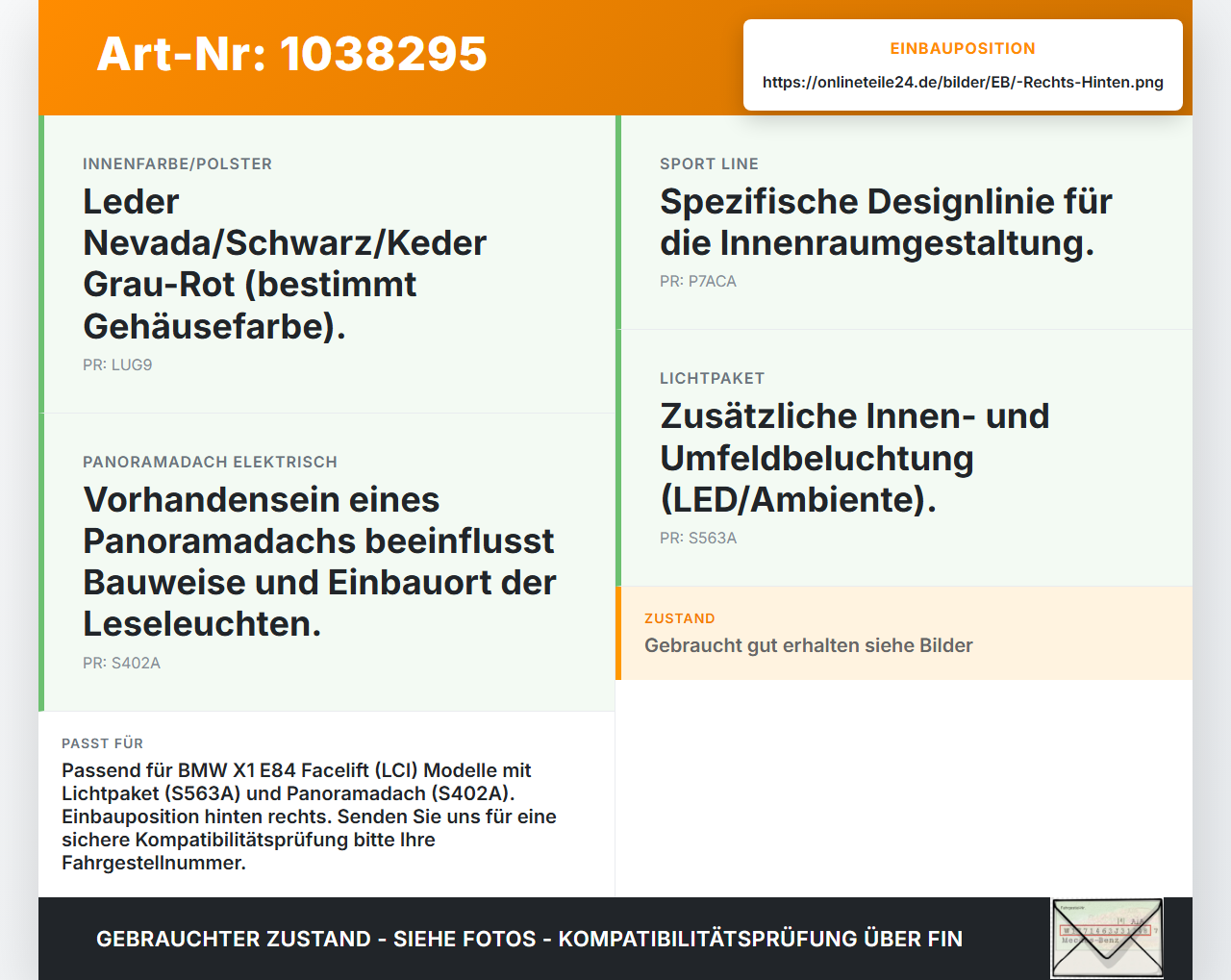 BMW X1 E84 LCI 12-15 Innenleuchte Innenraumleuchte Rechts Hinten BMW X1 E84 LCI 12-15 29.10.2012 63319215612... Vorschau 3