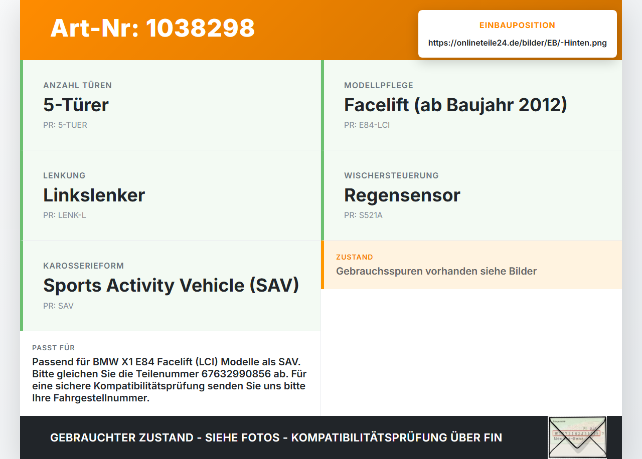 BMW X1 E84 LCI 12-15 Wischermotor Hinten Heckwischermotor BMW X1 E84 LCI 12-15 29.10.2012 67632990856 W000010933... Vorschau 3