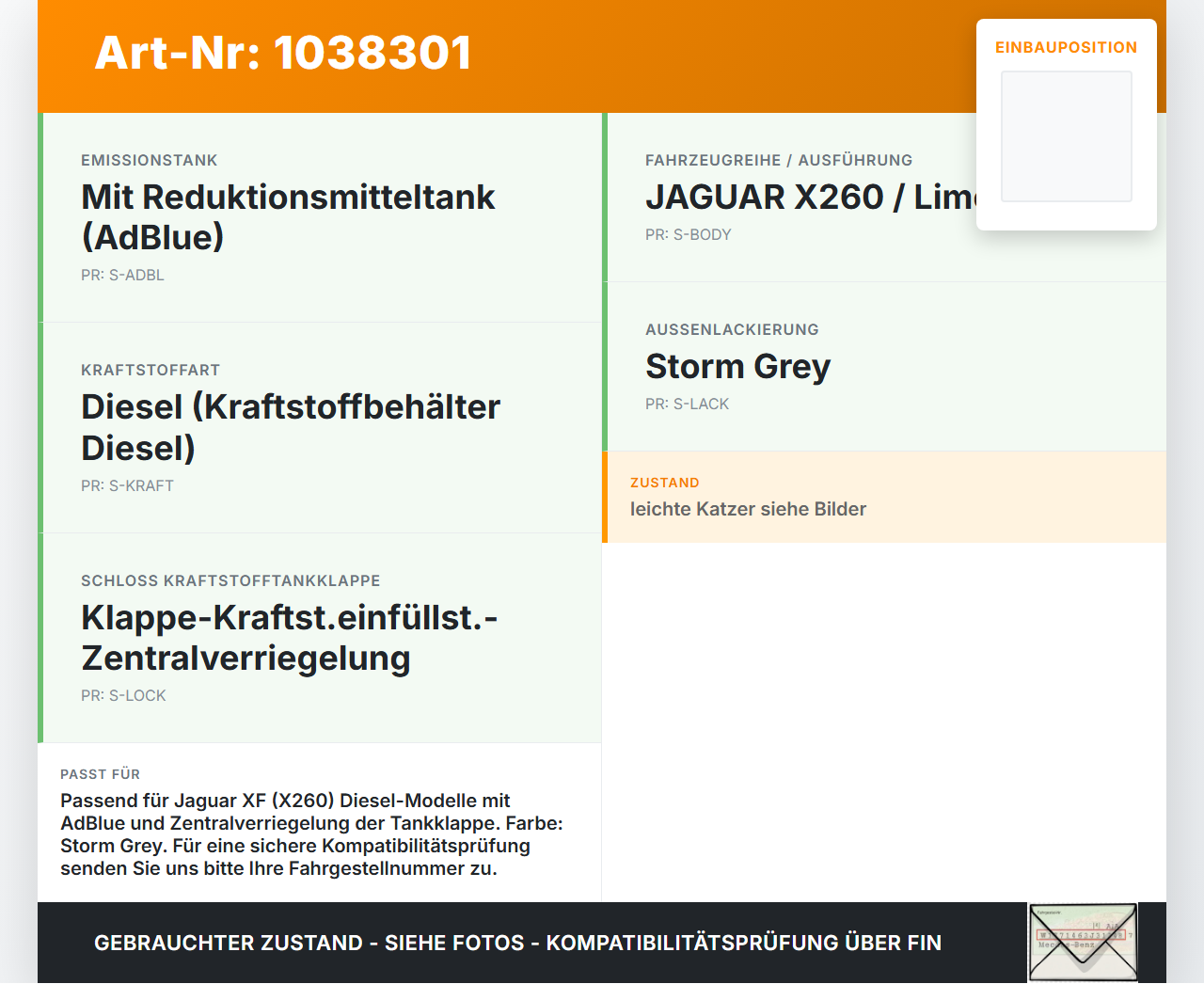 Jaguar XF X260 15-20 Tankdeckel Tankklappe LKT Jaguar XF X260 15-20 20.06.2017 T2H2001 GX63-405A26-A gebraucht Vorschau 3