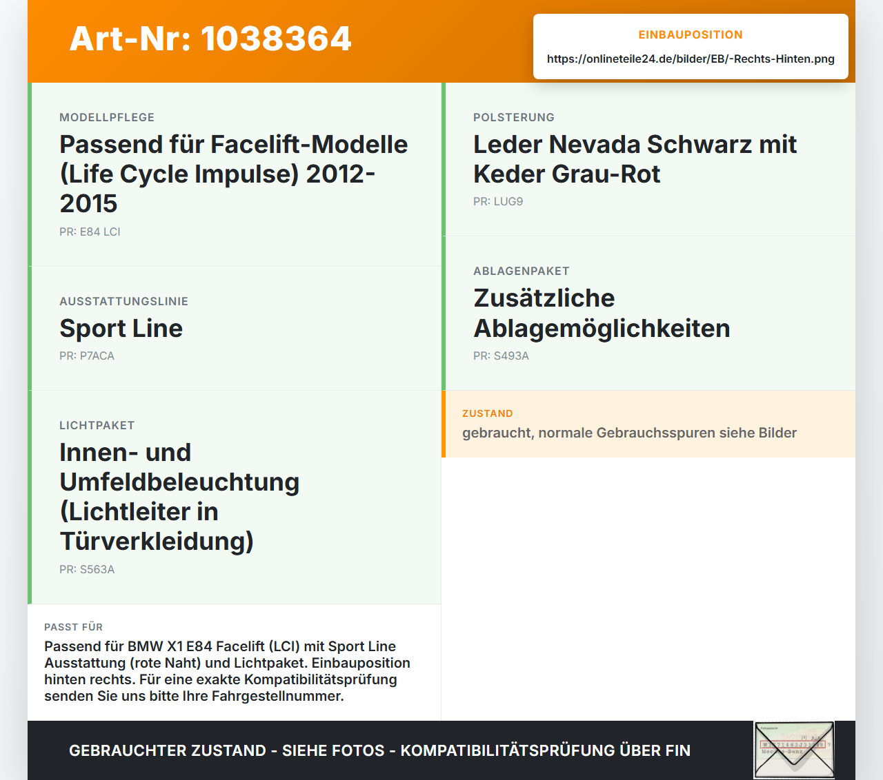 BMW X1 E84 LCI 12-15 Türverkleidung Türpappe Rechts Hinten rote Naht BMW X1 E84 LCI 12-15 29.10.2012 7327262... Vorschau 3