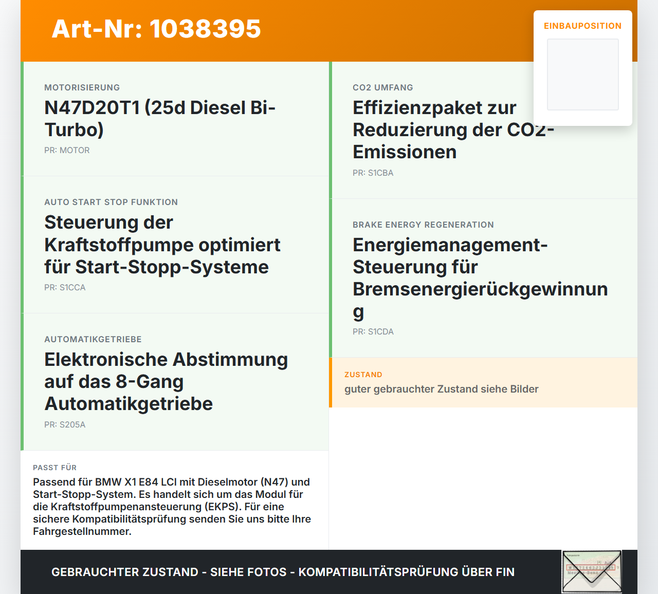 BMW X1 E84 LCI 12-15 Steuergerät SG BMW X1 E84 LCI 12-15 29.10.2012 7407513 16147407513 9253208 61.42-9253208-01... Vorschau 3