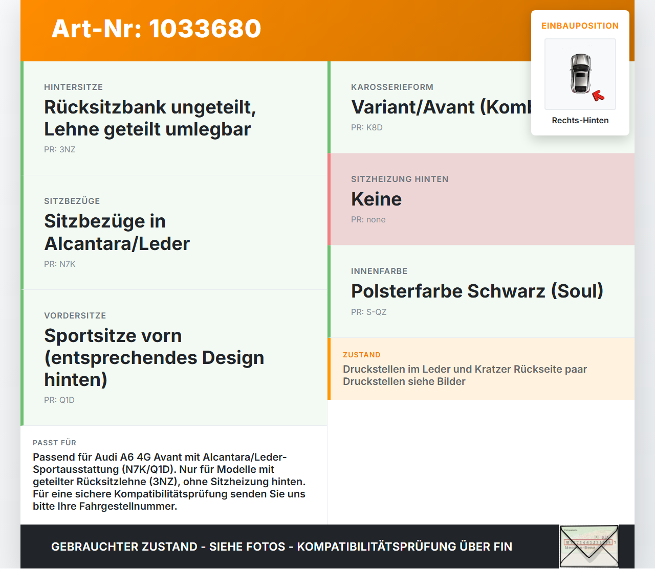 Audi A6 4G 11-14 Kombi Sitzbezug Rückenpolster Rechts für Rücksitzbank Hinten Audi A6 4G 11-14 02.07.2013... Vorschau 3