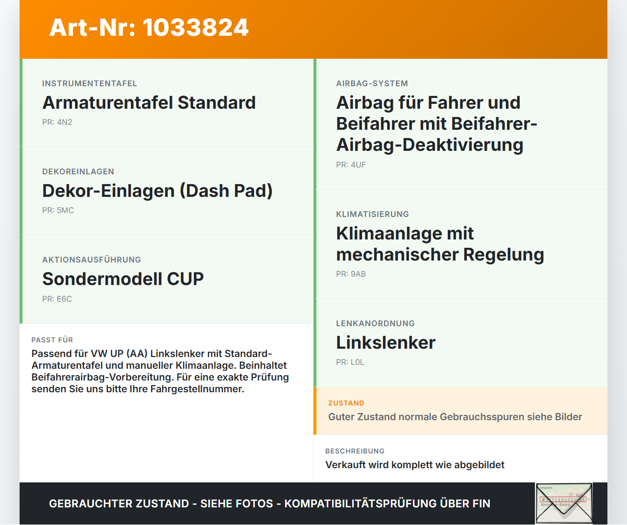 VW UP AA 15-23 Armaturenbrett Panel komplett VW UP AA 15-23 15.08.2014 1S1857002BQ 1S0880204B gebraucht Vorschau 3