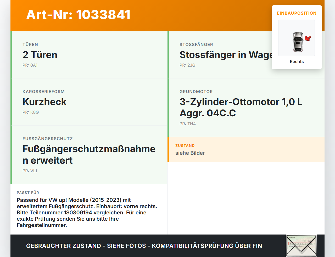 VW UP AA 15-23 Fronthalter Träger Verbinder Rechts für Frontmaske VW UP AA 15-23 15.08.2014 1S0805932 1S0809194... Vorschau 3