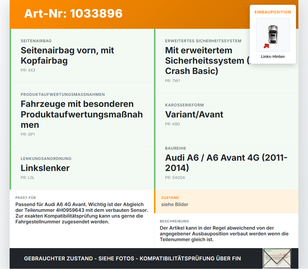 Audi A6 4G 11-14 Sensor Airbag Crashsensor Airbagsensor Links Hinten Audi A6 4G 11-14 02.07.2013 4H0959643 gebraucht Vorschau 3