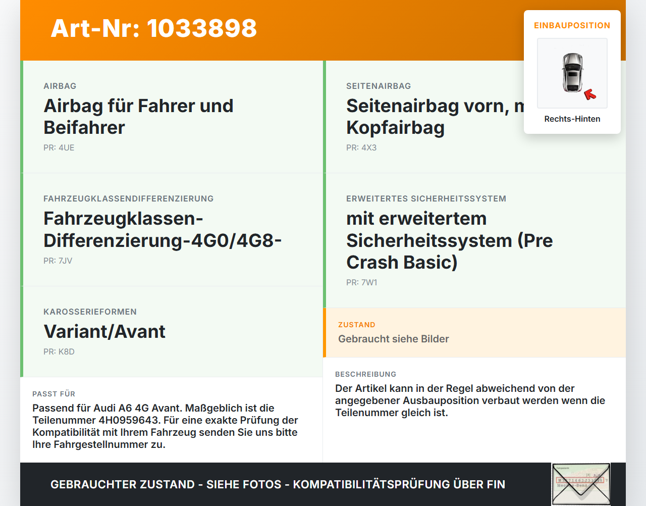 Audi A6 4G 11-14 Sensor Airbag Crashsensor Airbagsensor Rechts Hinten Audi A6 4G 11-14 02.07.2013 4H0959643 gebraucht Vorschau 3