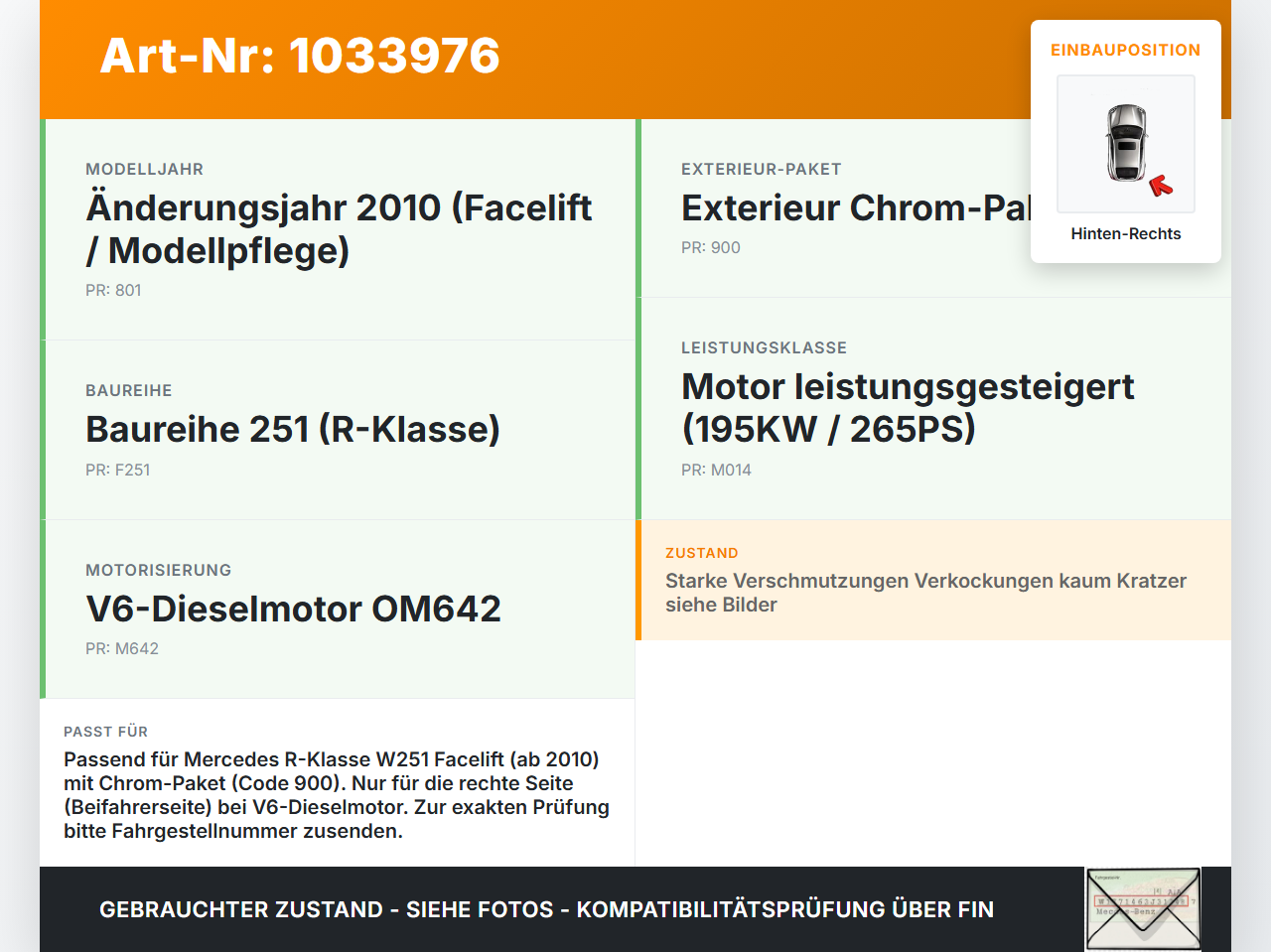 Mercedes W251 R350 10-13  CDI 3,0 195KW Auspuffblende Endrohr Blende Hinten Rechts Mercedes W251 R350 10-13... Vorschau 3