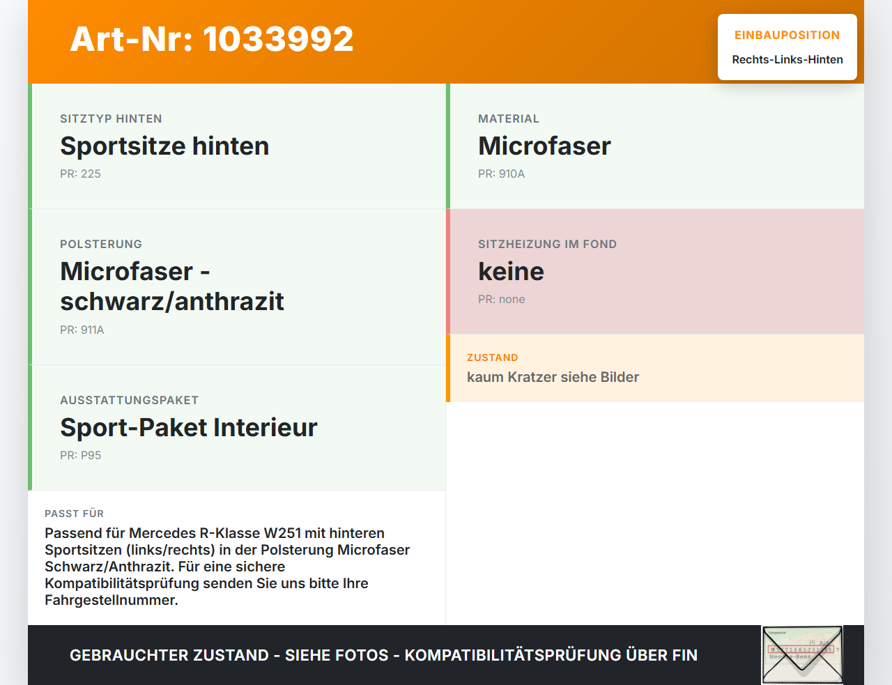 Mercedes W251 R350 10-13 Kopfstütze Rechts oder Links Hinten Mercedes W251 R350 10-13 29.03.2011 gebraucht Vorschau 3