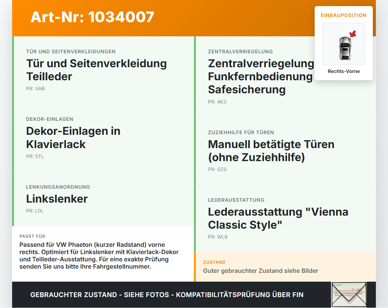 VW Phaeton 3D 10-16 Kurz Türgriff Griffmuschel Griff Innen Rechts Vorne VW Phaeton 3D 10-16 15.12.2011 3D0837618D... Vorschau 3