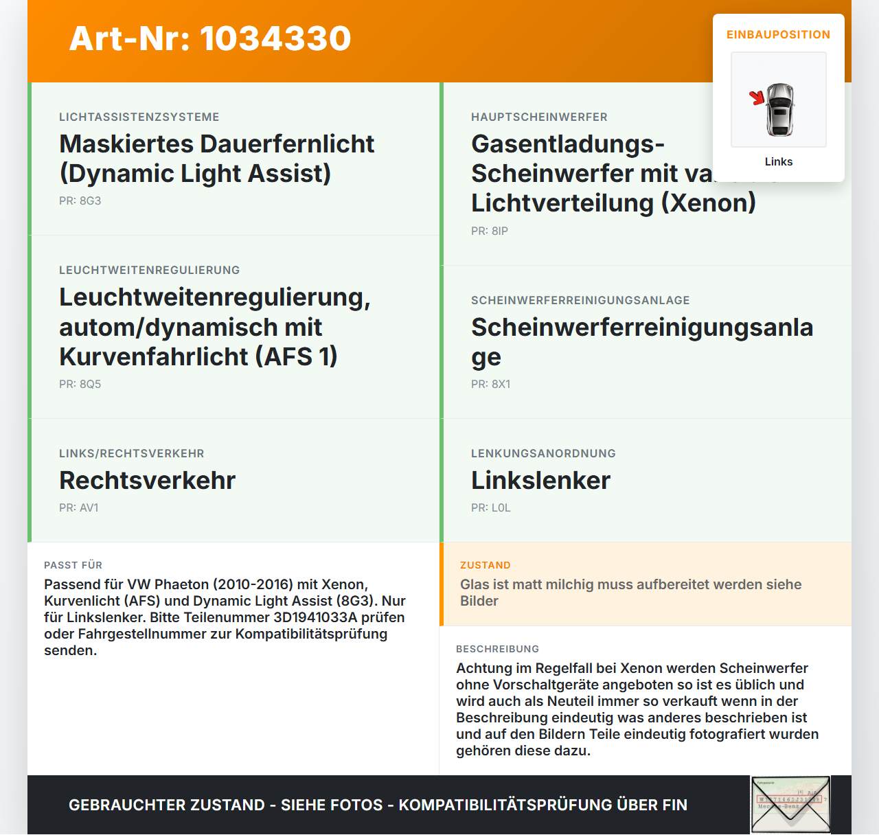 VW Phaeton 3D 10-16 Xenon Scheinwerfer Frontscheinwerfer Links AHL VW Phaeton 3D 10-16 15.12.2011 3D1941043... Vorschau 3