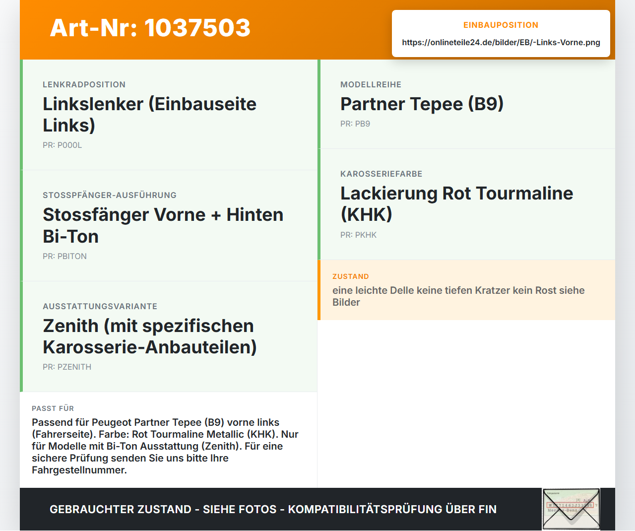 Peugeot Partner Tepee 08-12 Kotflügel Links Vorne KHK Peugeot Partner Tepee 08-12 07.06.2011 7840W2 gebraucht Vorschau 3