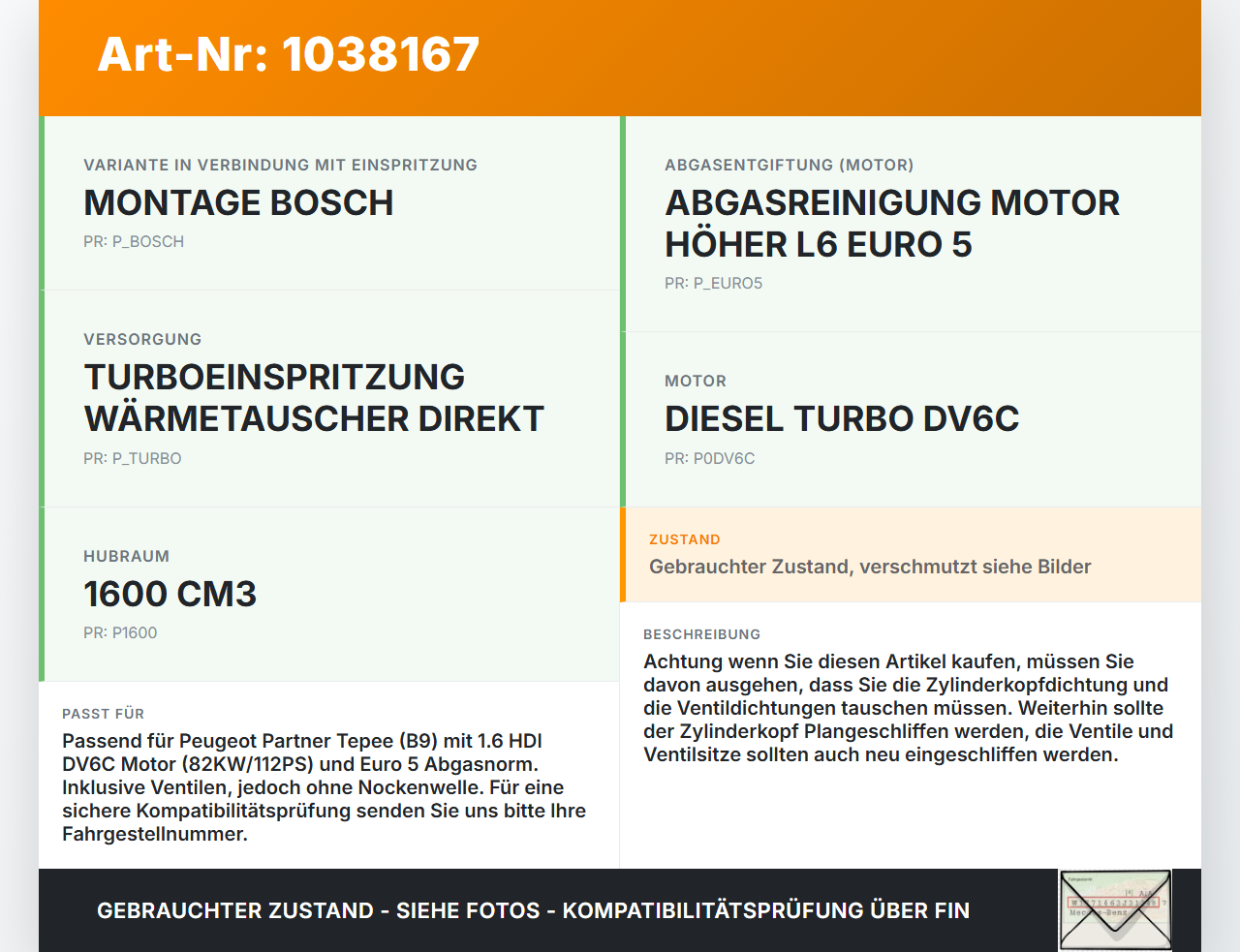 Peugeot Partner Tepee 08-12 HDI 1,6 82KW DV6C Zylinderkopf Peugeot Partner Tepee 08-12 07.06.2011 0200HS 9656911680... Vorschau 3