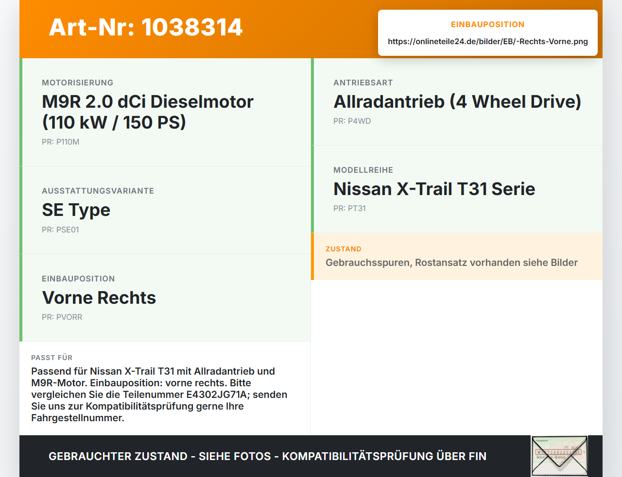 Nissan X-Trail T31 10-14 Stossdämpfer Federbein Vorne Rechts Nissan X-Trail T31 10-14 21.09.2011 E4302JG71A gebraucht Vorschau 3