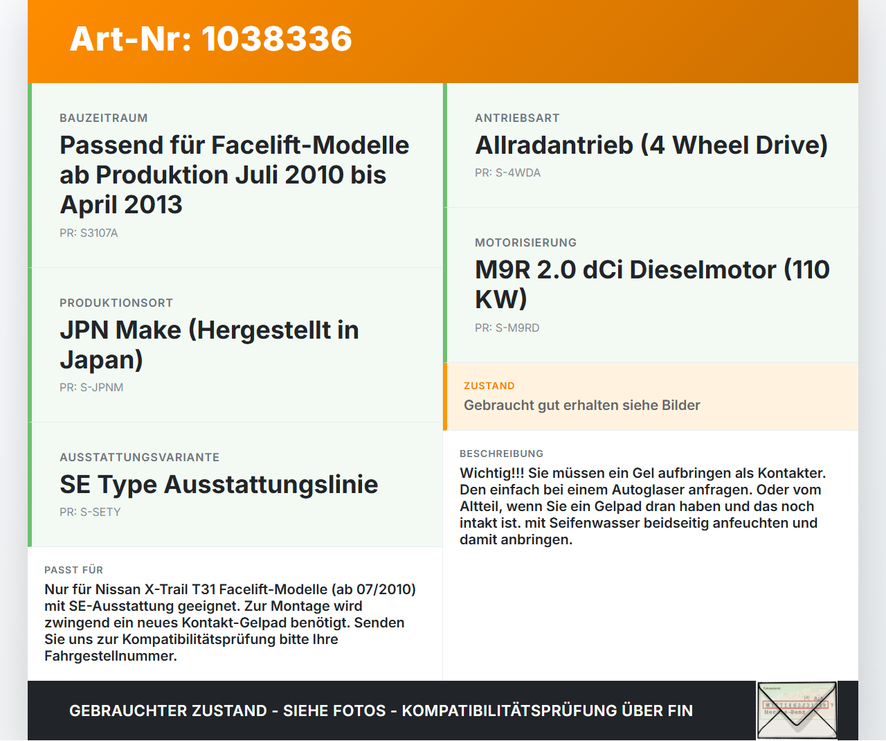 Nissan X-Trail T31 10-14 Regensensor Nissan X-Trail T31 10-14 21.09.2011 28536JG00B 28536-JG00B 6PW009207-60 gebraucht Vorschau 3