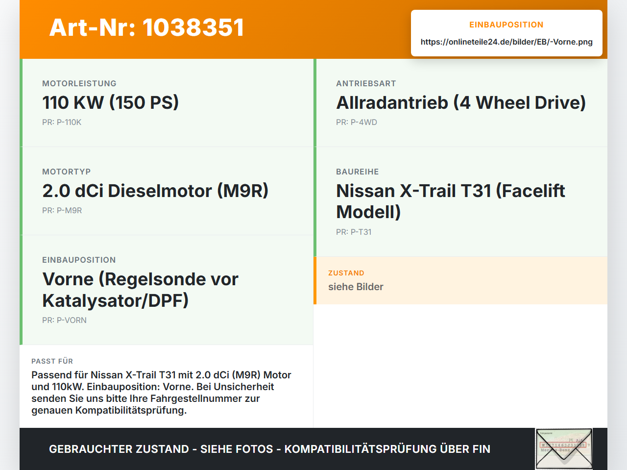 Nissan X-Trail T31 10-14 dCi 2,0 110KW Lambdasonde Vorne Nissan X-Trail T31 10-14 21.09.2011 22693JG70A V25-76-0028... Vorschau 3