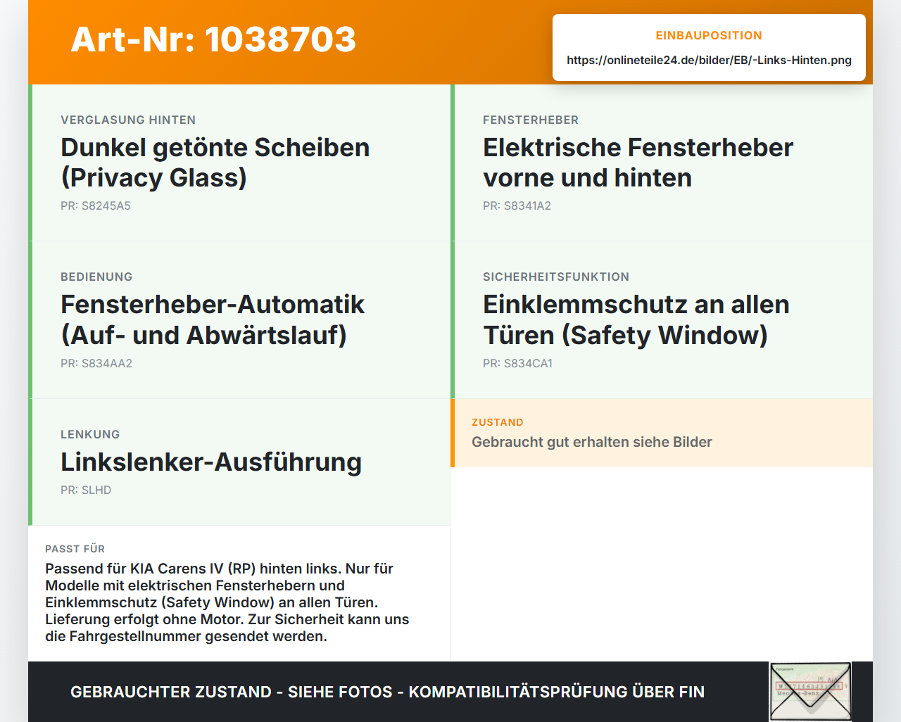 KIA Carens RP IV 13-19 Fensterheber o. FH-Motor Hinten Links KIA Carens RP IV 13-19 29.08.2014 83471A4010... Vorschau 3