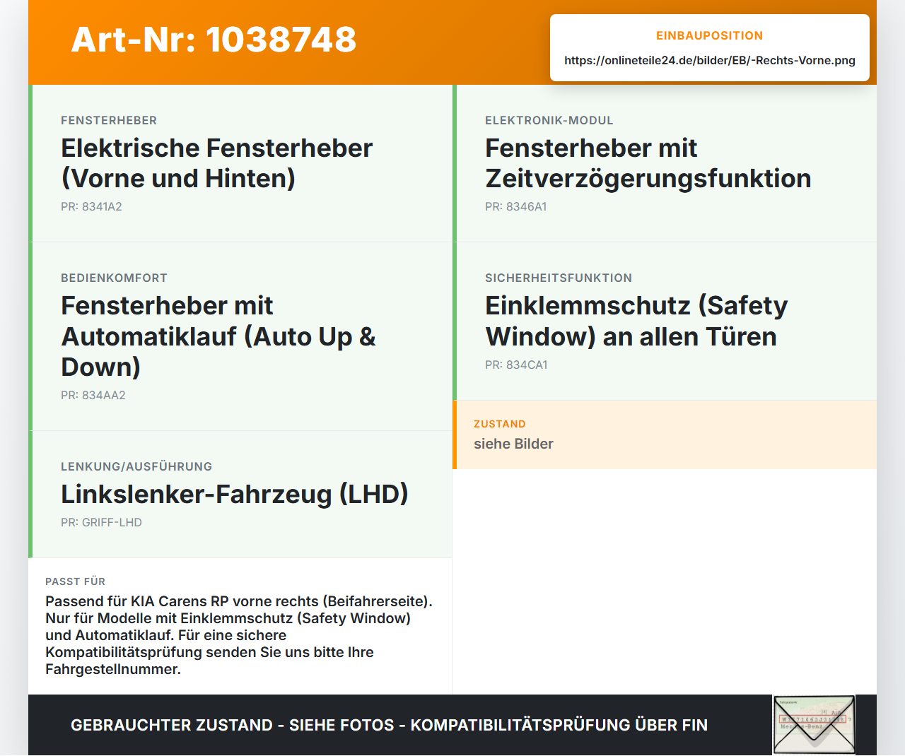 KIA Carens RP IV 13-19 Fensterhebermotor Rechts Vorne KIA Carens RP IV 13-19 29.08.2014 82460A4010 82460-A4010... Vorschau 3