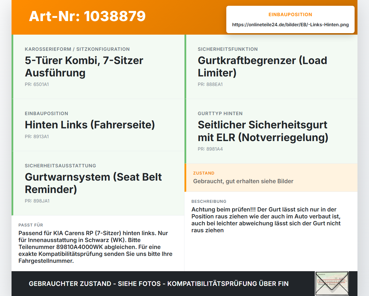 KIA Carens RP IV 13-19 Gurt Sicherheitsgurt Links Hinten KIA Carens RP IV 13-19 29.08.2014 89810A4000WK... Vorschau 3