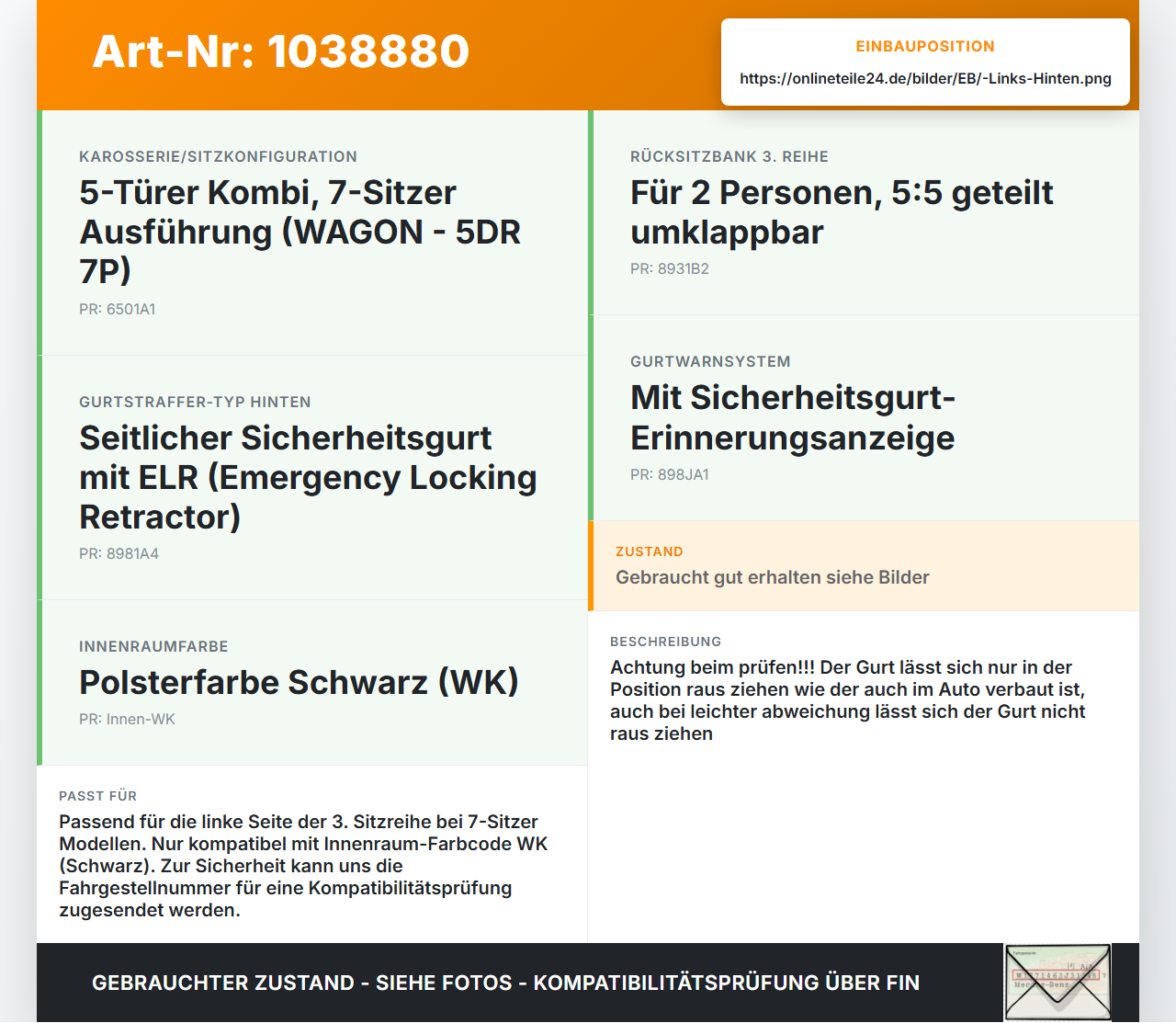 KIA Carens RP IV 13-19 Gurt Sicherheitsgurt Links Hinten dritte Reihe KIA Carens RP IV 13-19 29.08.2014... Vorschau 3