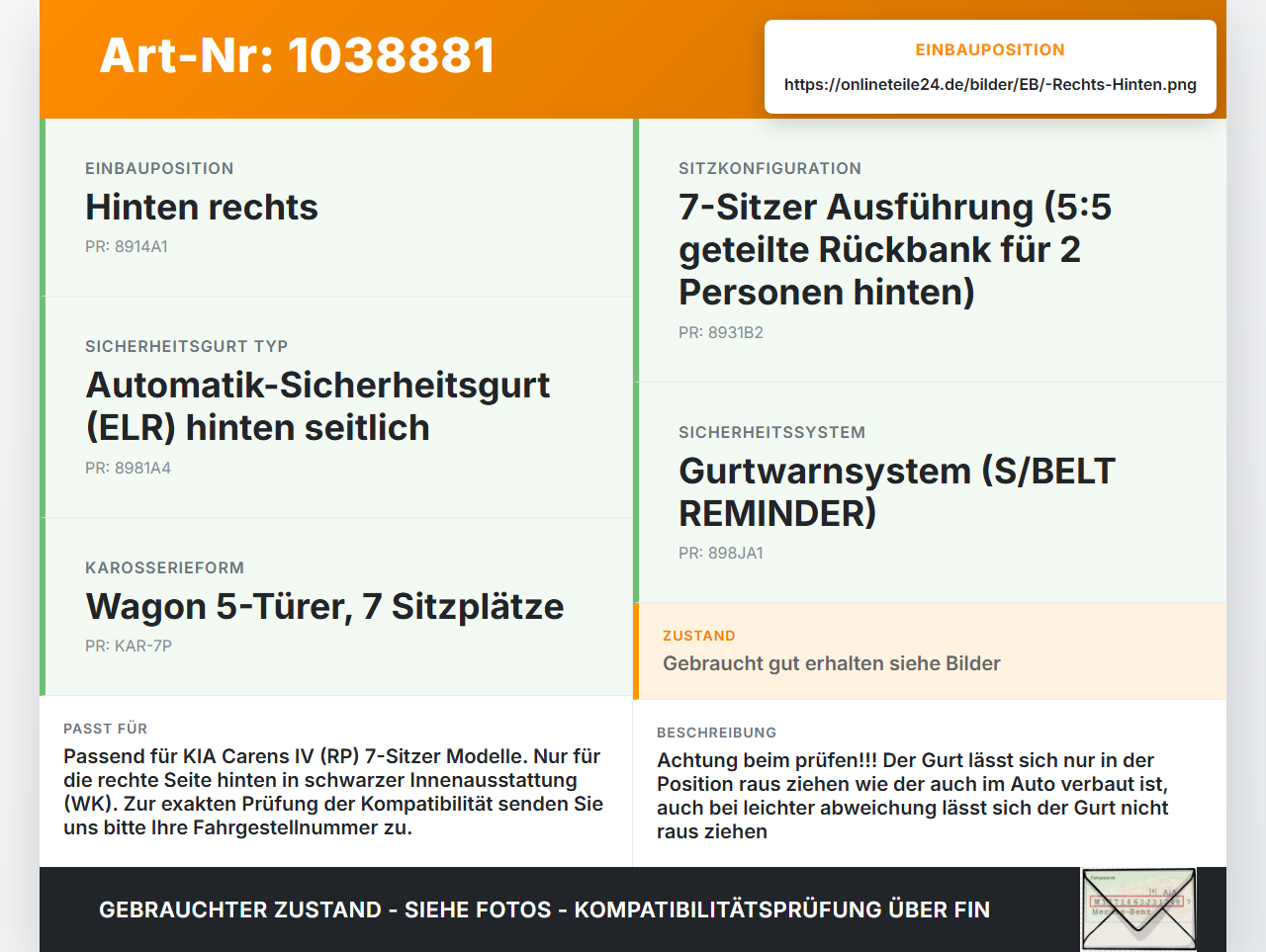 KIA Carens RP IV 13-19 Gurt Sicherheitsgurt Rechts Hinten KIA Carens RP IV 13-19 29.08.2014 89820A4000WK... Vorschau 3