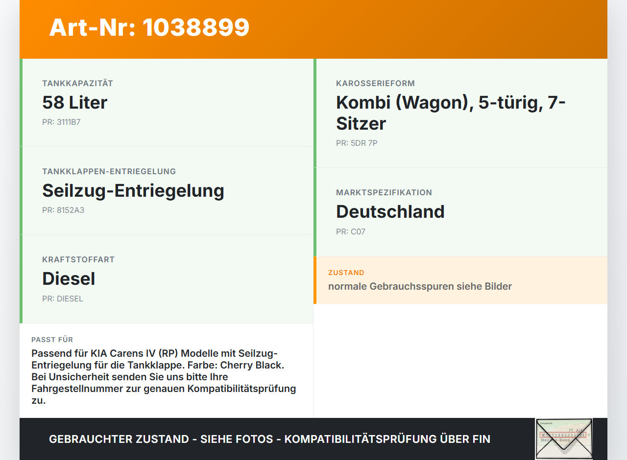 KIA Carens RP IV 13-19 Tankdeckel Tankklappe KIA Carens RP IV 13-19 29.08.2014 69510A4000 69510-A4000 gebraucht Vorschau 3