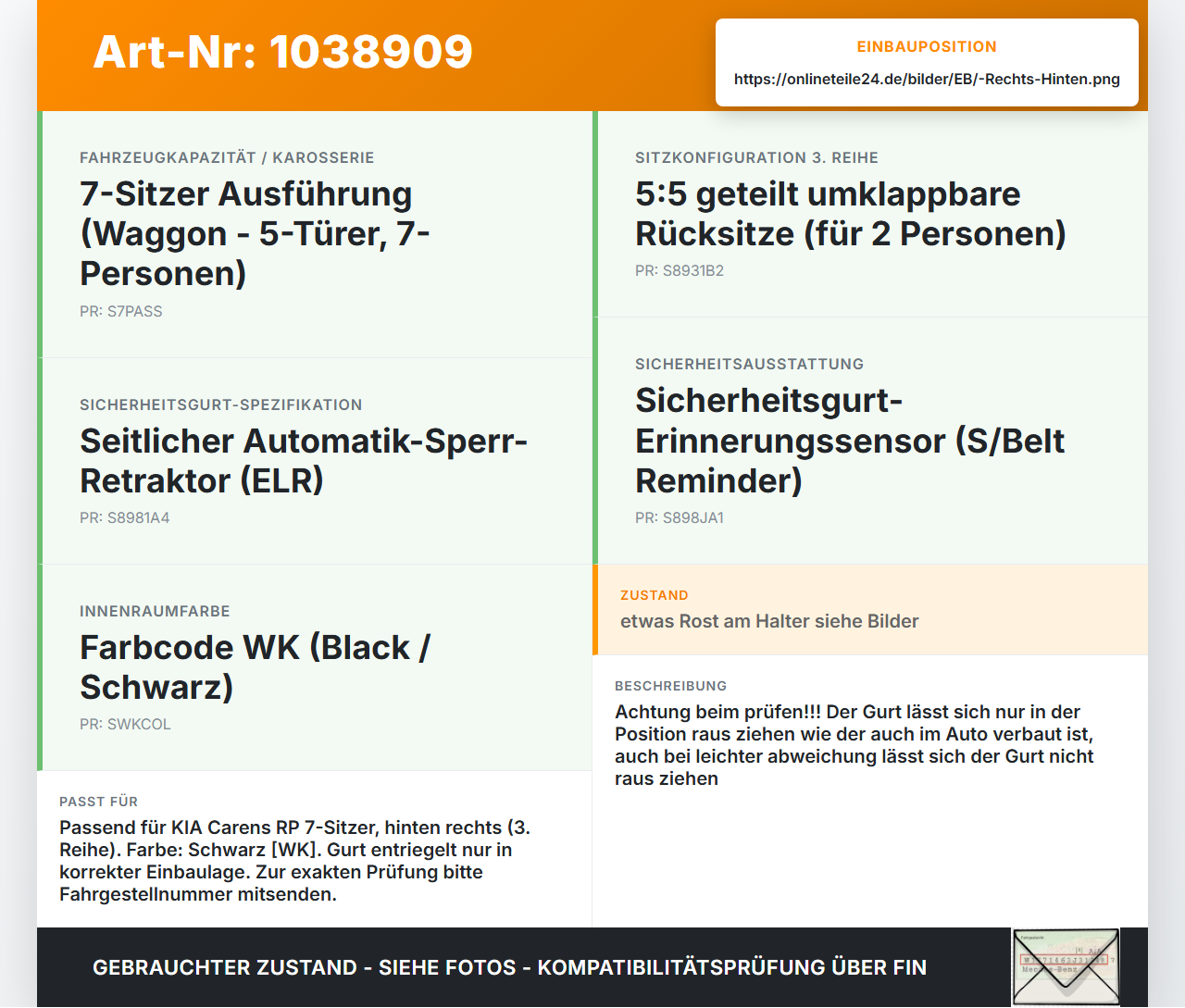 KIA Carens RP IV 13-19 Gurt Sicherheitsgurt Rechts Hinten 3te Reihe KIA Carens RP IV 13-19 29.08.2014 89880A4000WK... Vorschau 3