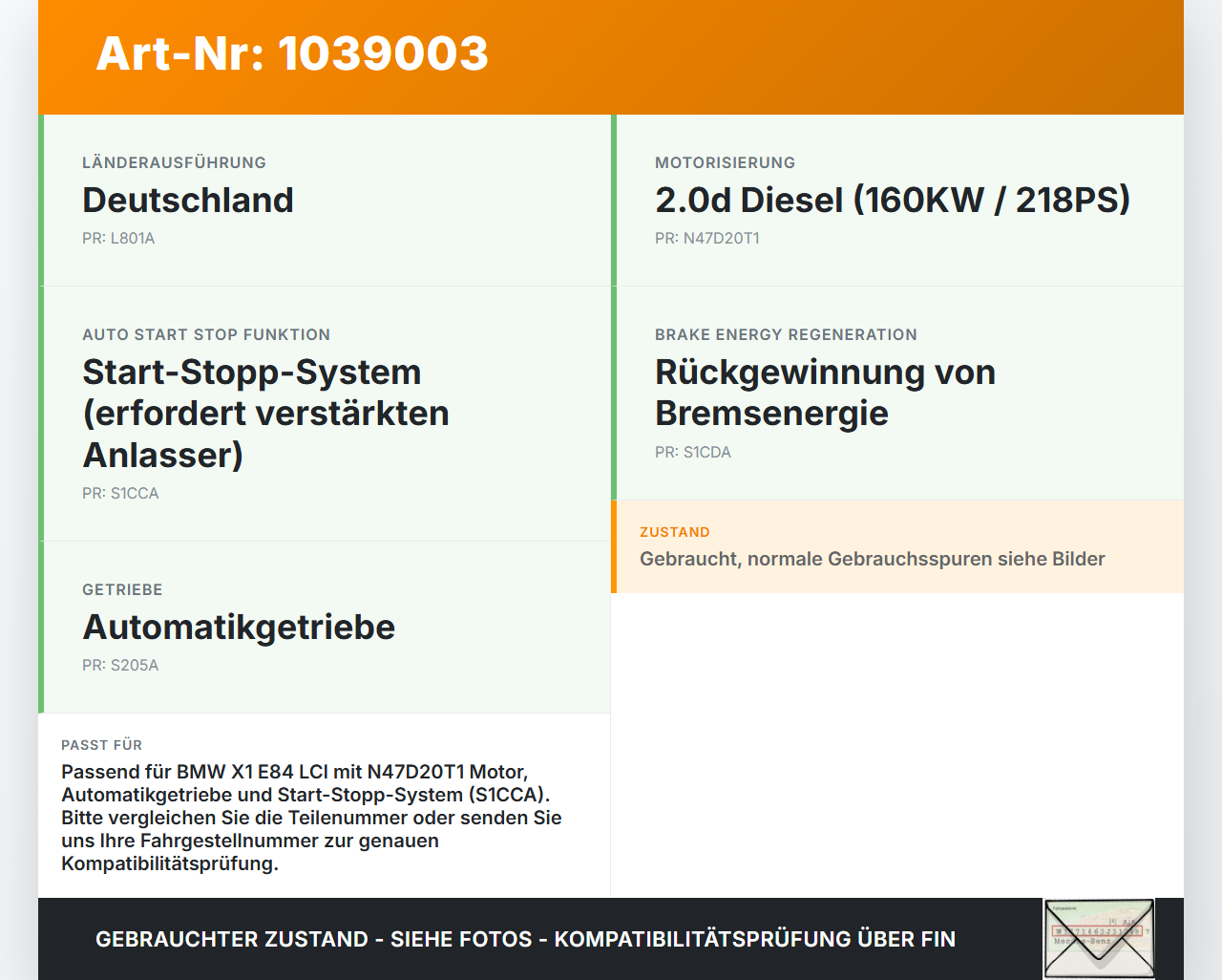 BMW X1 E84 LCI 12-15 2,0d 160KW Autom Anlasser Starter BMW X1 E84 LCI 12-15 29.10.2012 8570238 12418570238 gebraucht Vorschau 3