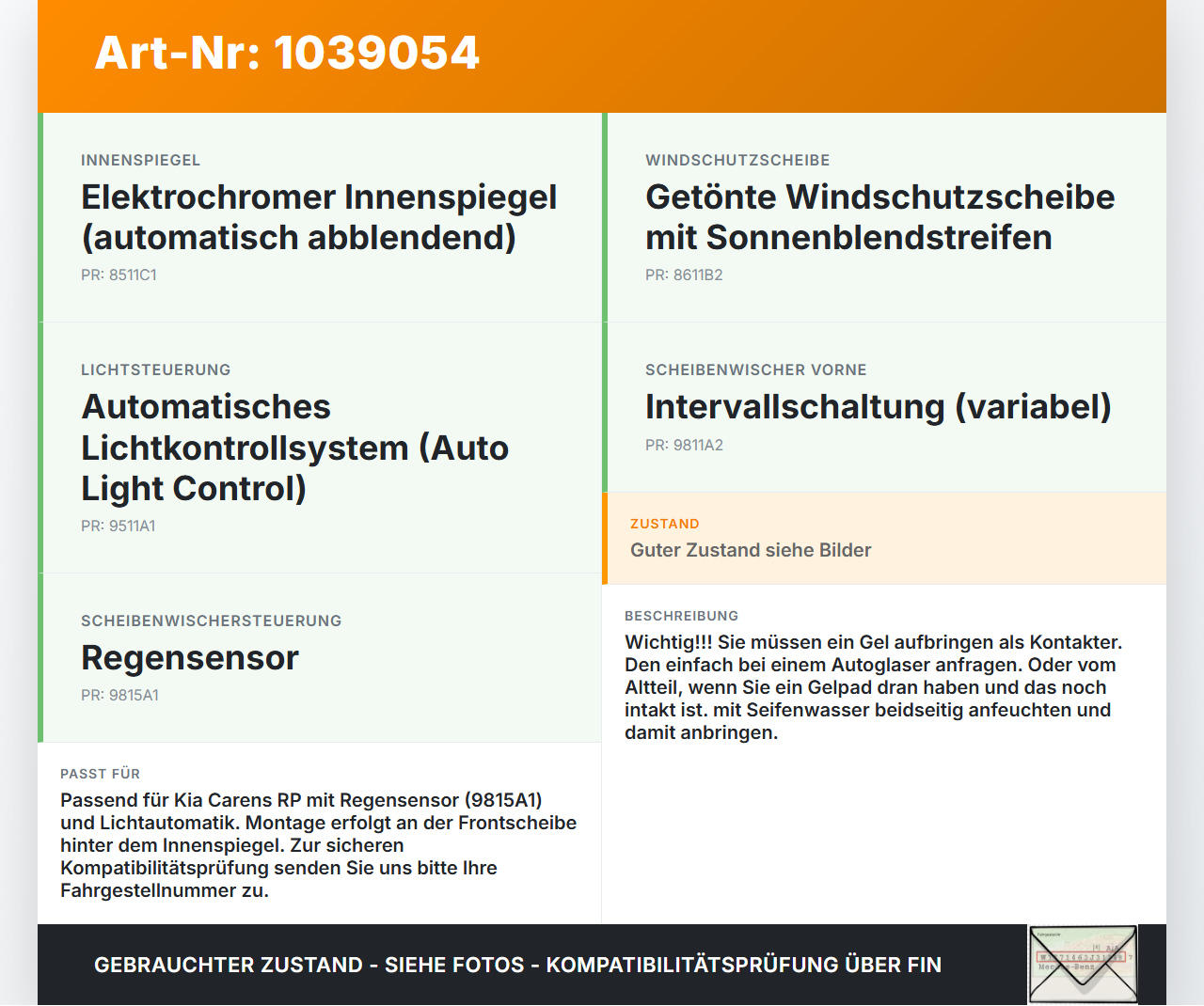 KIA Carens RP IV 13-19 Regensensor KIA Carens RP IV 13-19 29.08.2014 960002W000 96000-2W000 gebraucht Vorschau 3
