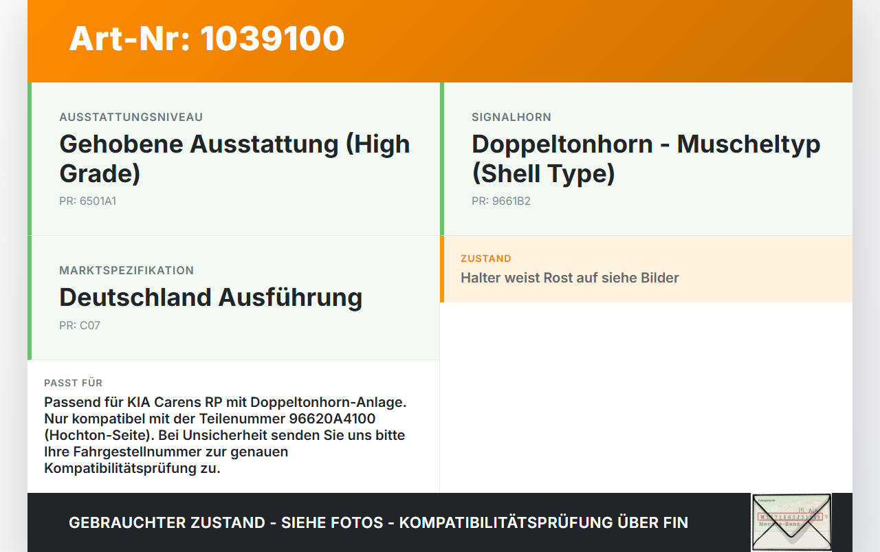 KIA Carens RP IV 13-19 Signalhorn Hupe Hochton High Tone 12V KIA Carens RP IV 13-19 29.08.2014 96620A4100... Vorschau 3
