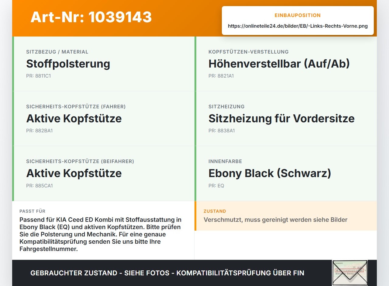 KIA Ceed ED 09-13 Kombi Kopfstütze für Beifahrer Sitz Rechts oder Links Vorne KIA Ceed ED 09-13 31.10.2011... Vorschau 3