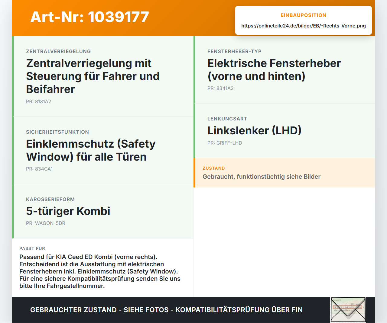 KIA Ceed ED 09-13 Kombi Fensterhebermotor Rechts Vorne KIA Ceed ED 09-13 31.10.2011 824601H010 403951A8 440850C... Vorschau 3
