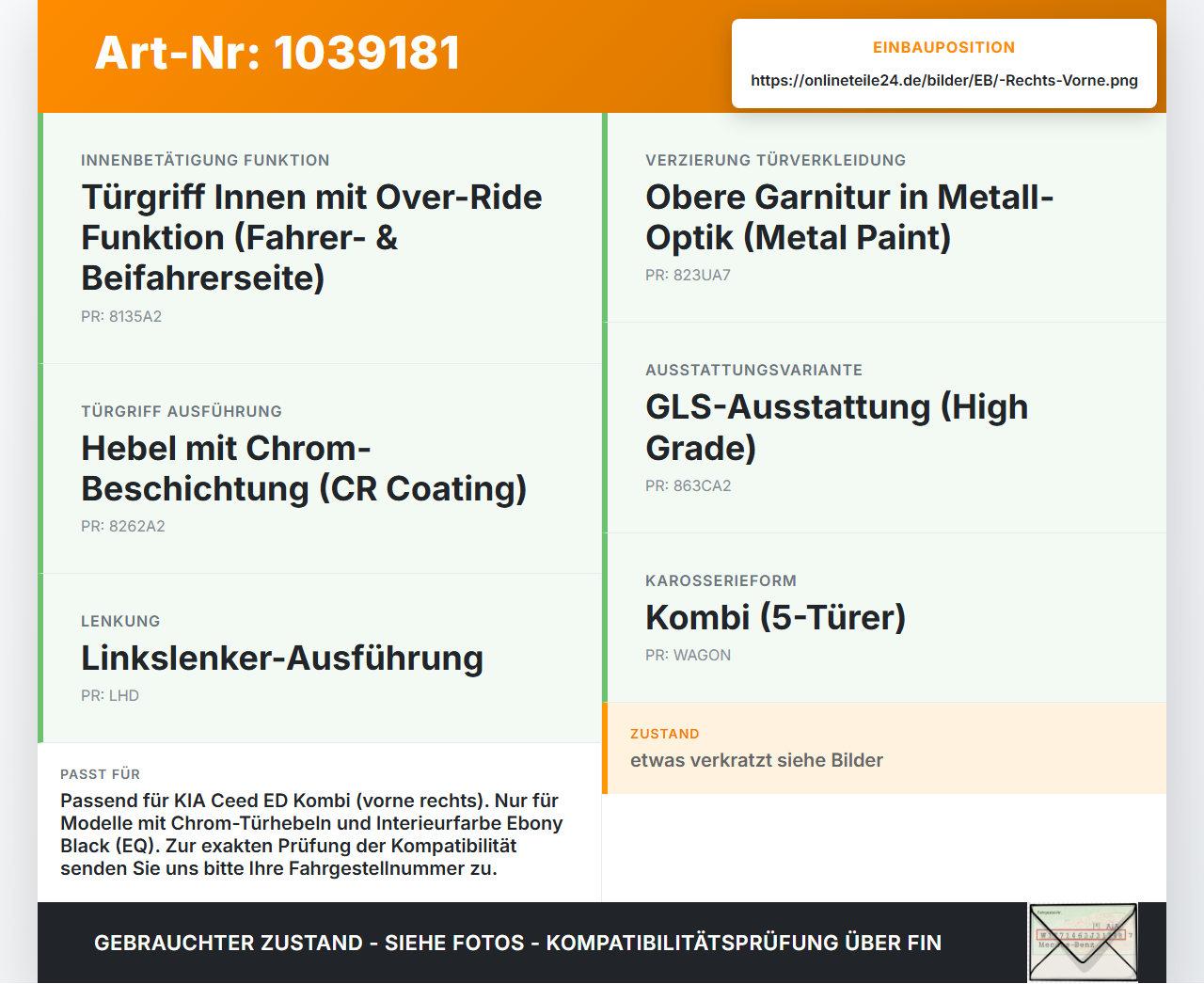 KIA Ceed ED 09-13 Kombi Türgriff Griffmuschel Griff Innen Rechts Vorne KIA Ceed ED 09-13 31.10.2011 826201H010... Vorschau 3