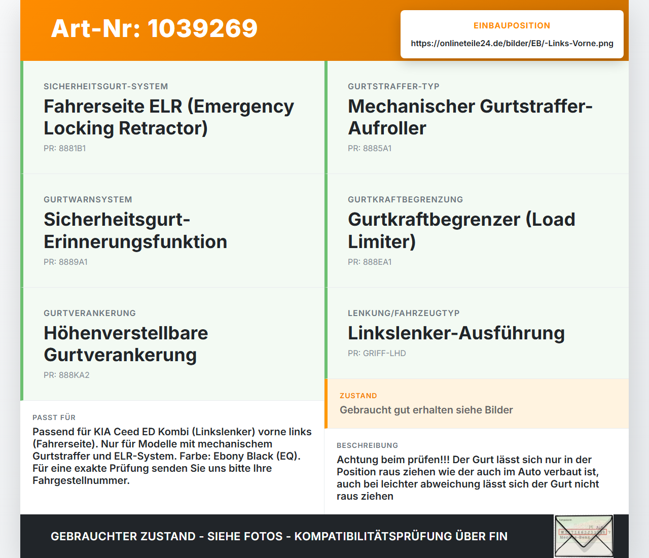 KIA Ceed ED 09-13 Kombi Gurt Sicherheitsgurt m. Gurtstraffer Fahrer Links Vorne KIA Ceed ED 09-13 31.10.2011... Vorschau 3