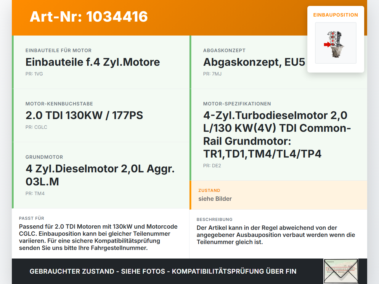 Audi A6 4G 11-14 TDI 2,0 130KW Kolben mit Pleuel Pos A Audi A6 4G 11-14 02.07.2013 03L107065S gebraucht Vorschau 3