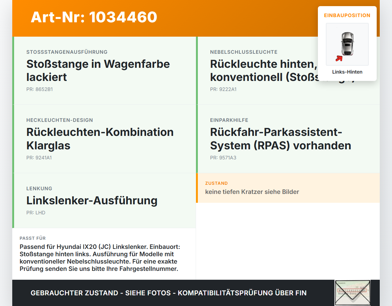 Hyundai IX20 JC 10-15 Rückleuchte Rücklicht für Stoßstange Links Hinten orig Hyundai IX20 JC 10-15 21.02.2014... Vorschau 3