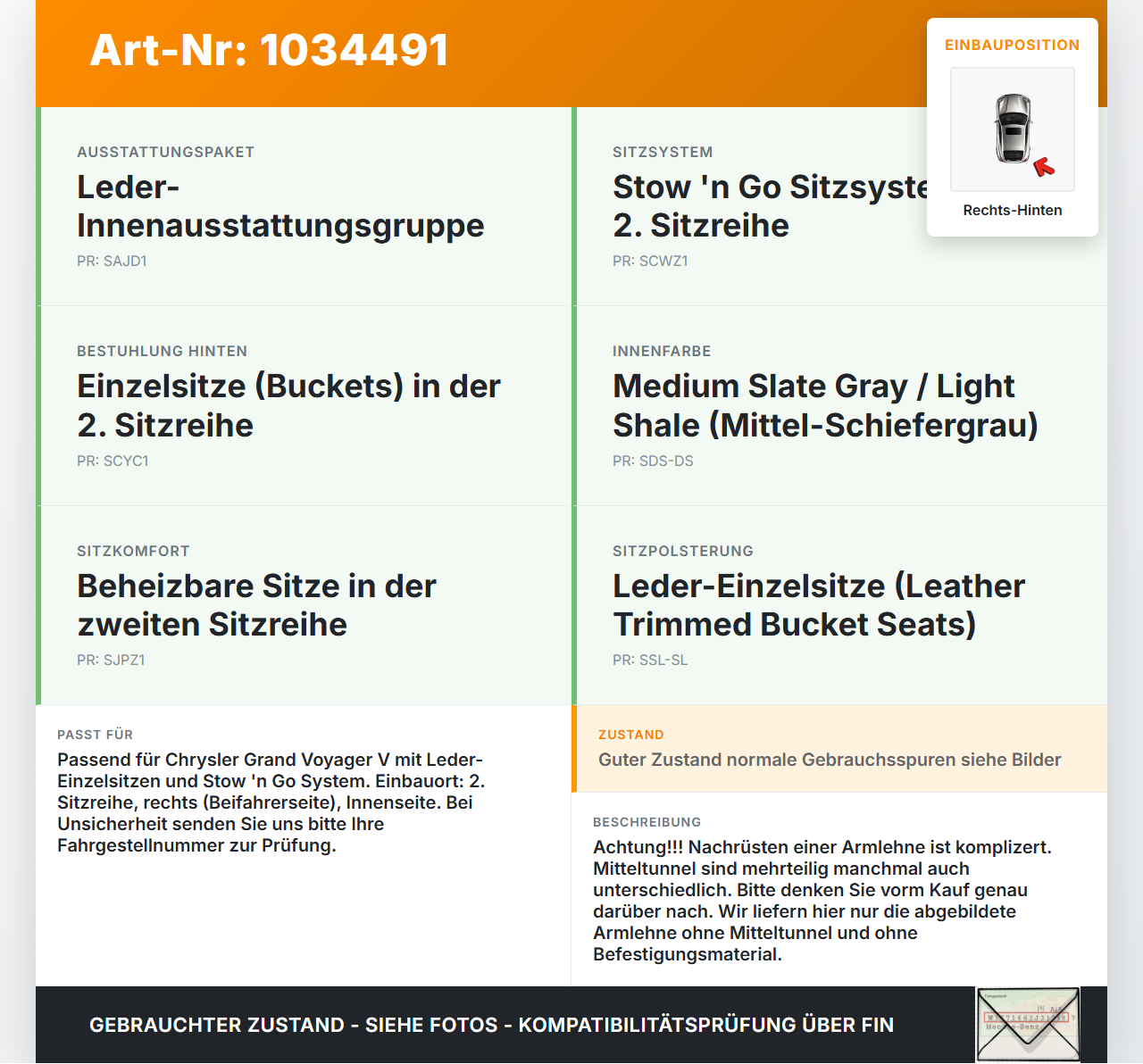 Chrysler Grand Voyager V 08-10 Armlehne Mittelarmlehne Auflage Innenseite Rechts Hinten Chrysler Grand Voyager V... Vorschau 3