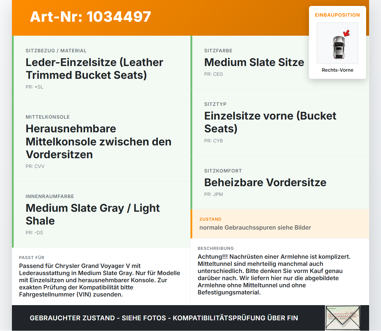 Chrysler Grand Voyager V 08-10 Armlehne Mittelarmlehne Auflage Innenseite Rechts Vorne Chrysler Grand Voyager V... Vorschau 3