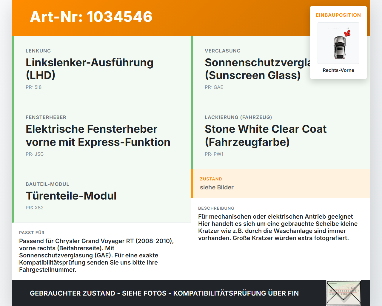Chrysler Grand Voyager V 08-10 RVK Seitenscheibe für Tür Türscheibe Rechts Vorne Chrysler Grand Voyager V 08-10... Vorschau 3