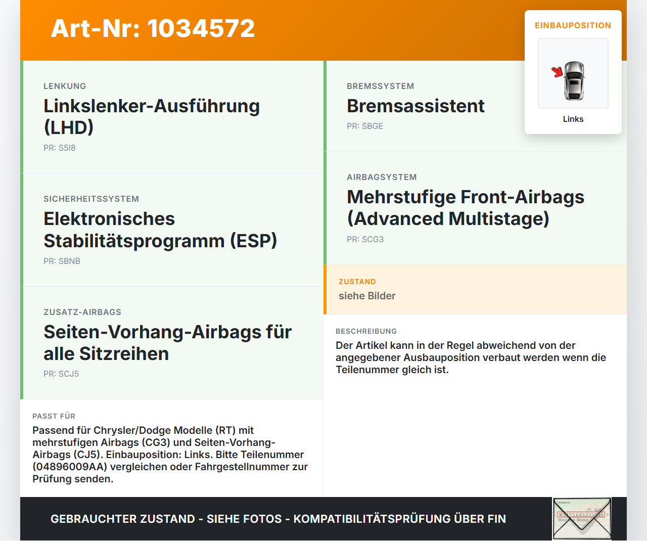 Chrysler Grand Voyager V 08-10 Airbagsensor Crashsensor Aufprallsensor Links Chrysler Grand Voyager V 08-10... Vorschau 3