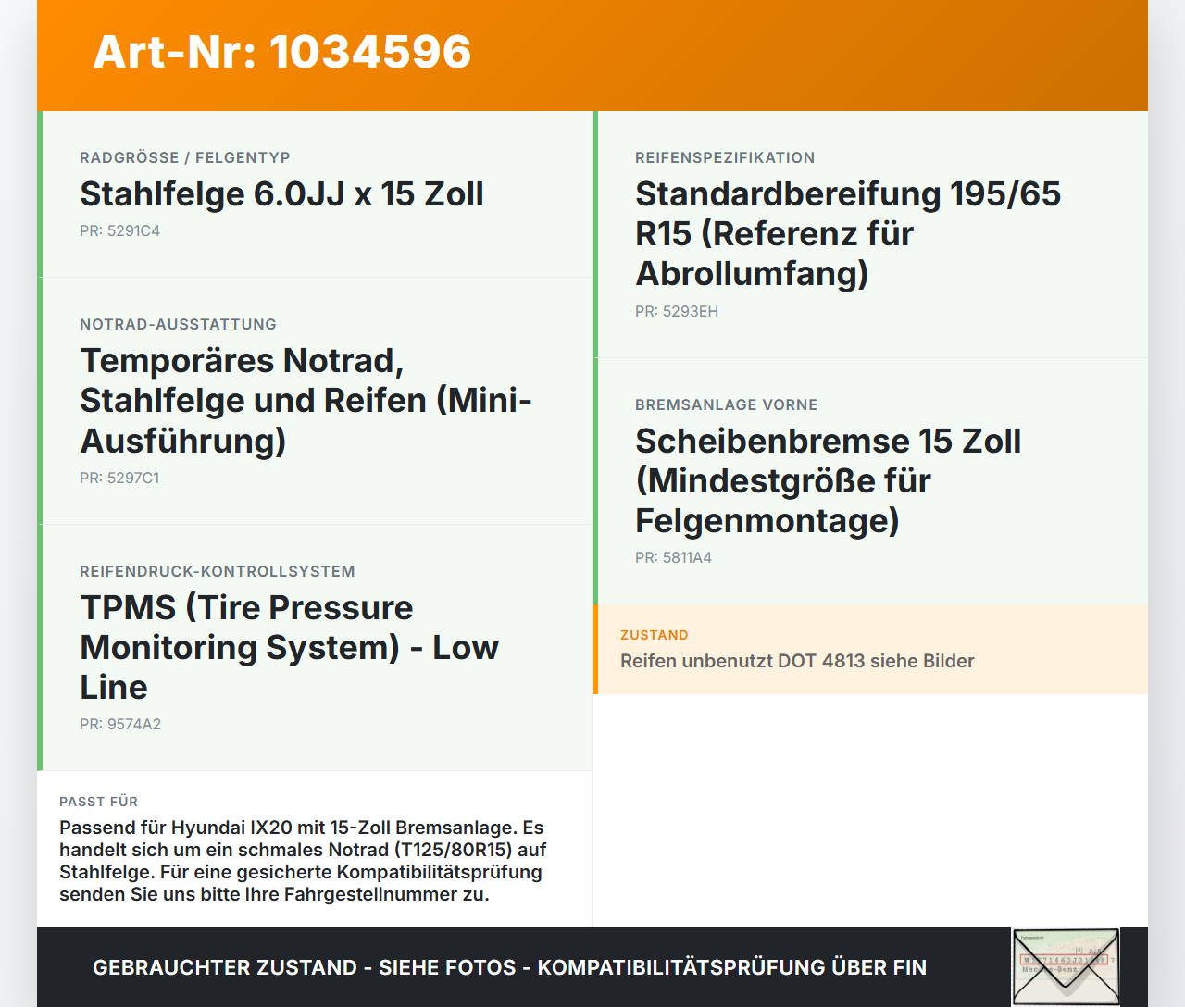 Hyundai IX20 JC 10-15 1 x Komplettrad Ersatzrad Stahlfelge Sommerreifen 125/80R15 5X114.3 Hyundai IX20 JC 10-15... Vorschau 3