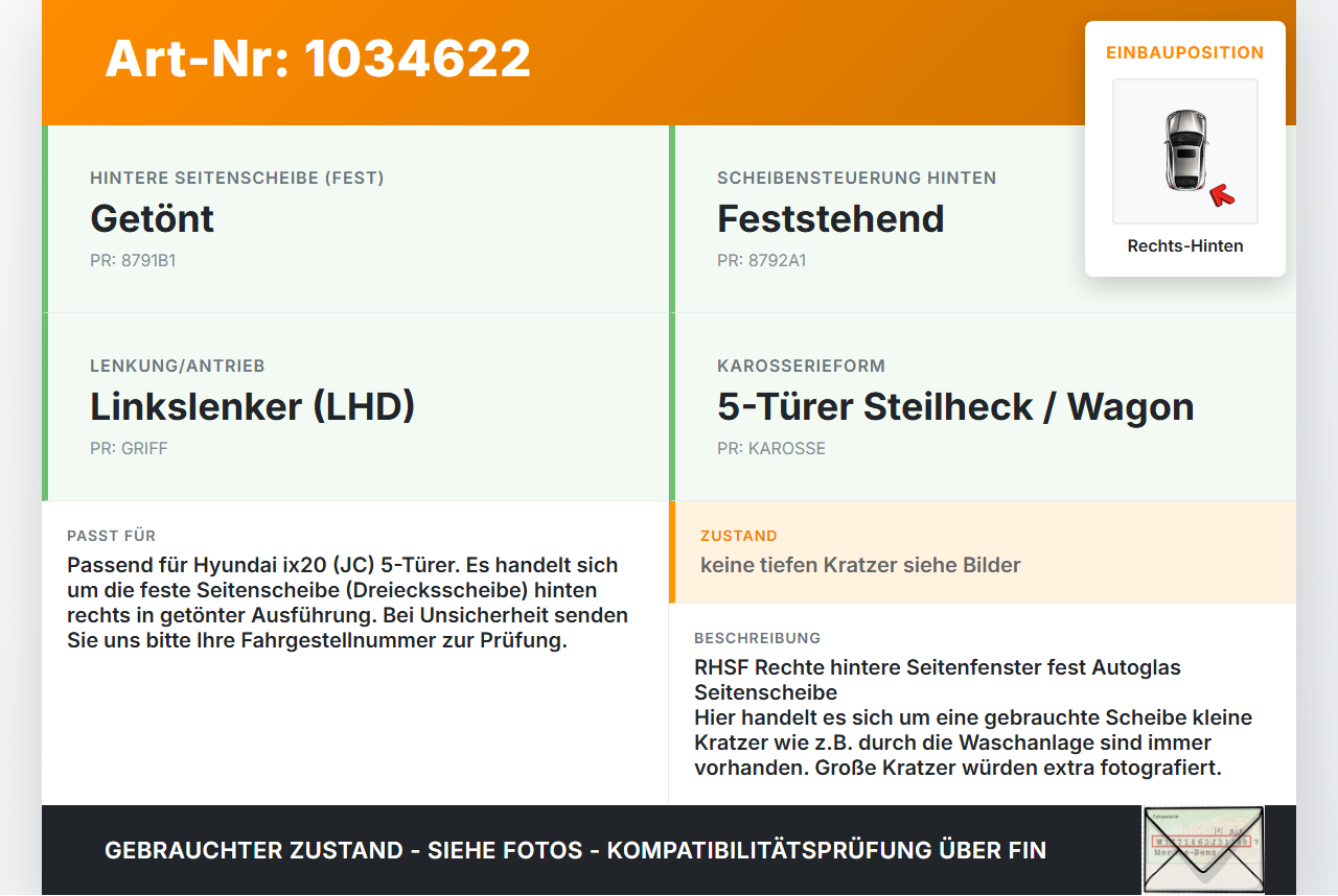 Hyundai IX20 JC 10-15 Seitenscheibe Feste Scheibe Rechts Hinten Orig. getönt Hyundai IX20 JC 10-15 21.02.2014 gebraucht Vorschau 3