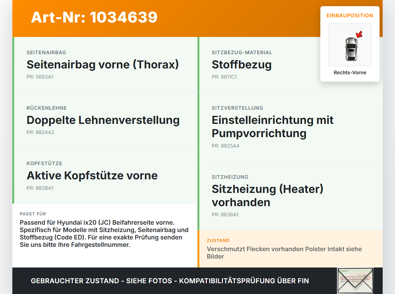 Hyundai IX20 JC 10-15 Sitzbezug Sitzpolster für Beifahrersitz Rechts Vorne beheizt Hyundai IX20 JC 10-15 21.02.2014... Vorschau 3
