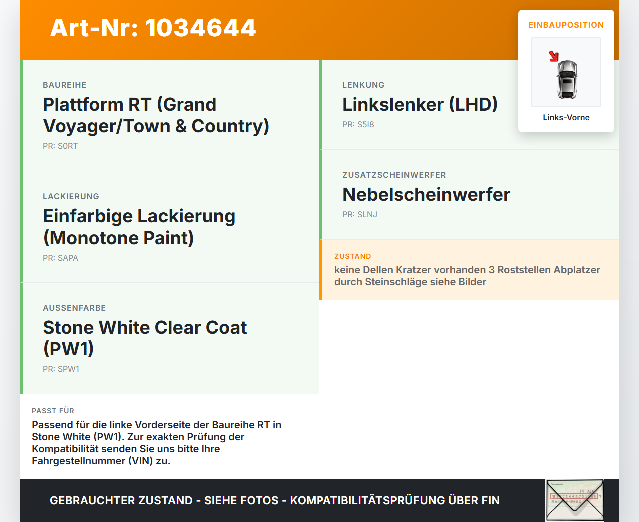 Chrysler Grand Voyager V 08-10 Kotflügel Links Vorne PW1 Chrysler Grand Voyager V 08-10 01.01.2008 DG10059AL... Vorschau 3