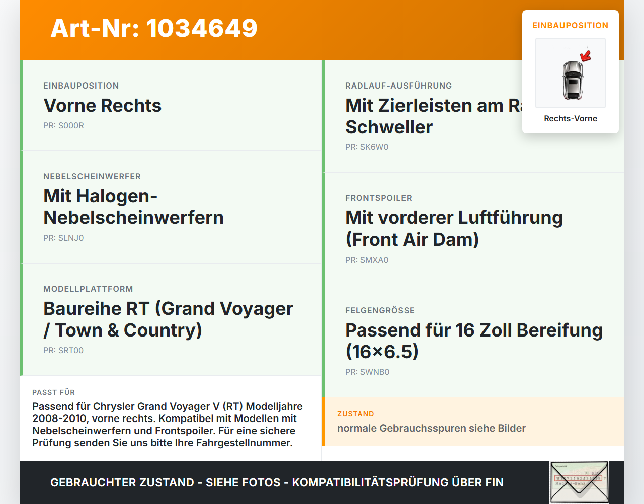 Chrysler Grand Voyager V 08-10 Verkleidung Radhausschale Rechts Vorne für Kotflügel Chrysler Grand Voyager V 08-10... Vorschau 3