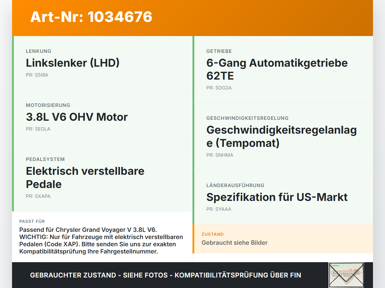 Chrysler Grand Voyager V 08-10 3,8 142KW Gaspedal Gaswertgeber Fahrpedal Sensor Chrysler Grand Voyager V 08-10... Vorschau 3